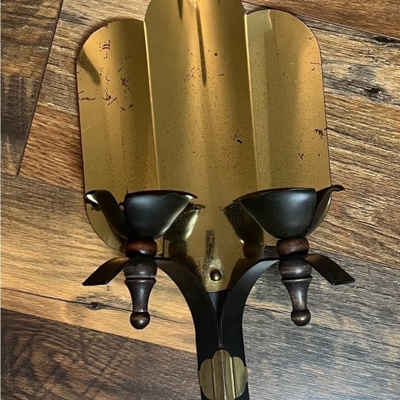 Vintage Brass, wood & Wrought Iron Wall Sconces 2 Taper Candle holders - Picture 6 of 7